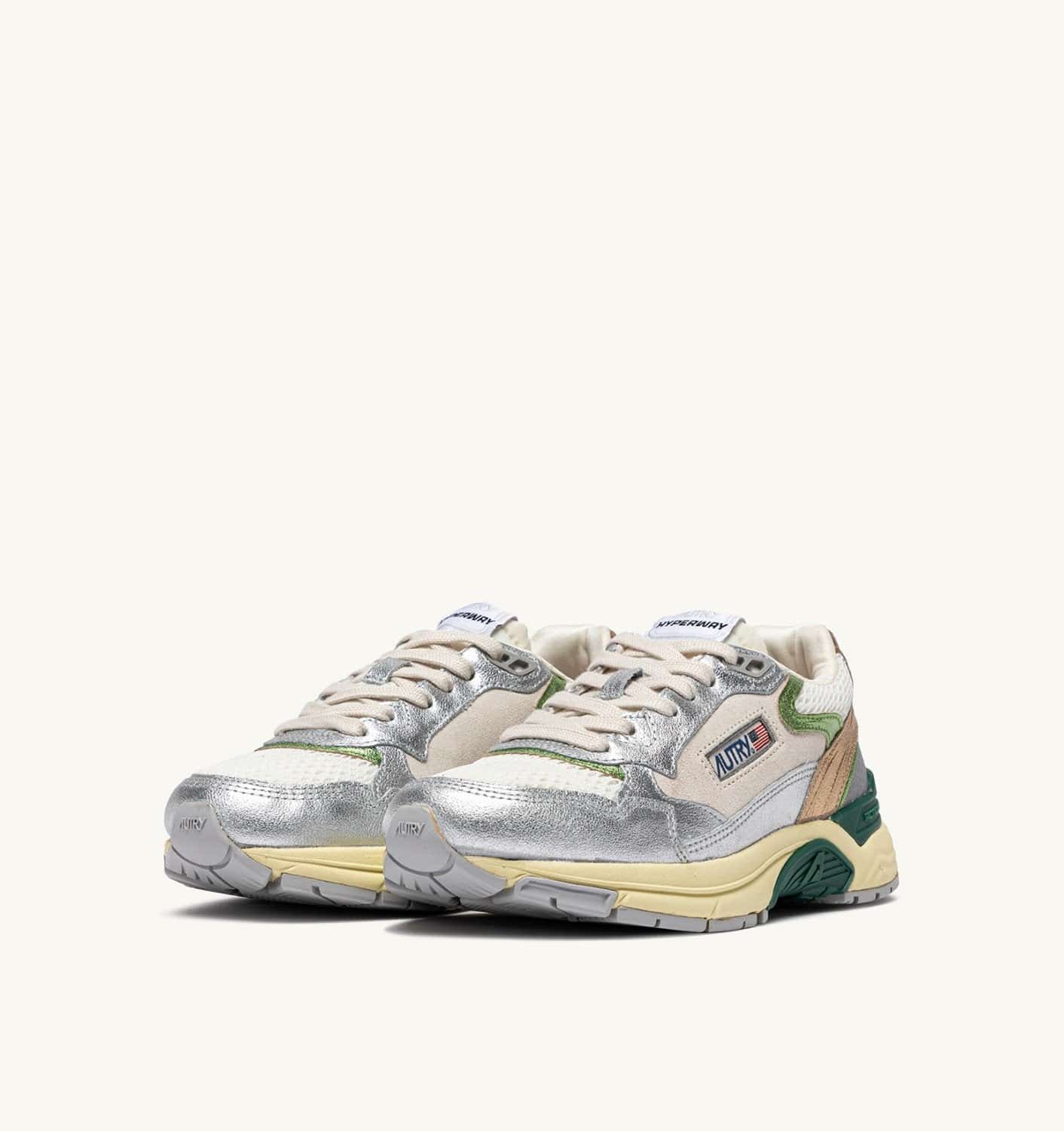 SNEAKERS HYPERWAY IN MESH E PELLE LAMINATA ARGENTO E MARSHMALLOW