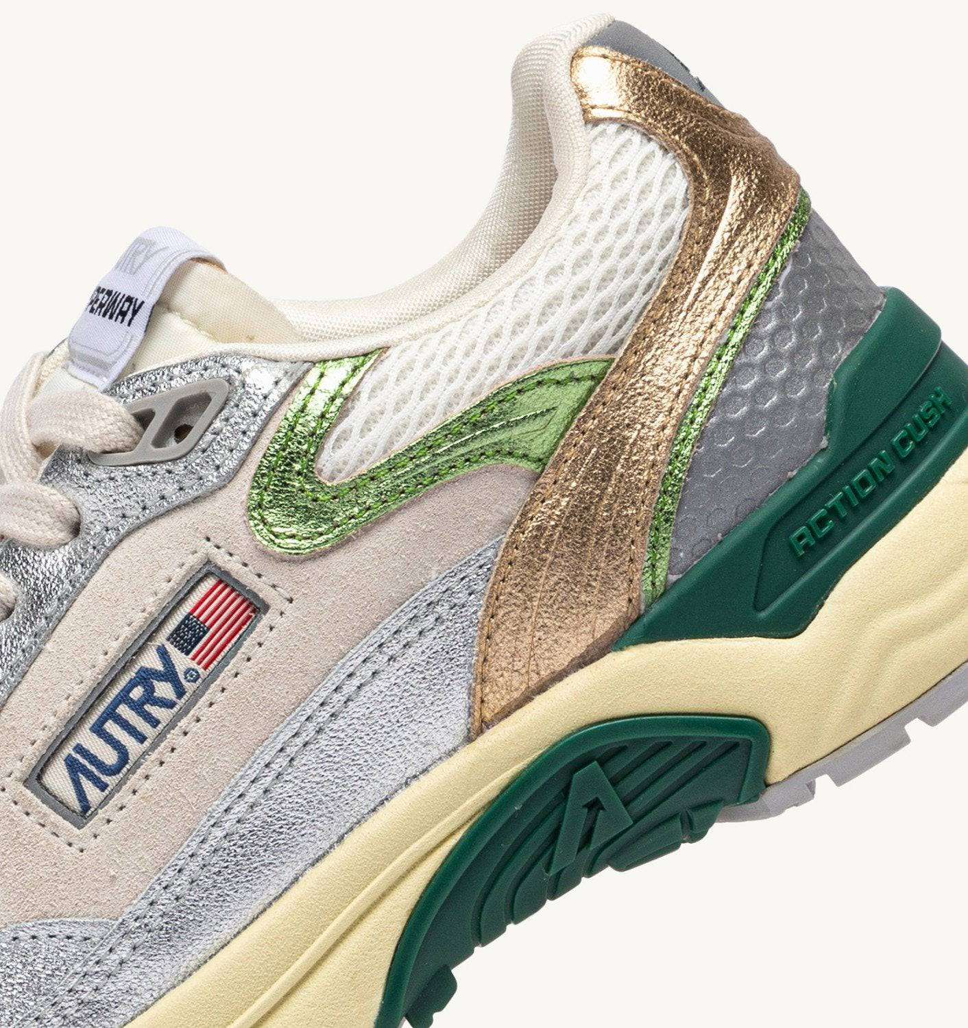SNEAKERS HYPERWAY IN MESH E PELLE LAMINATA ARGENTO E MARSHMALLOW