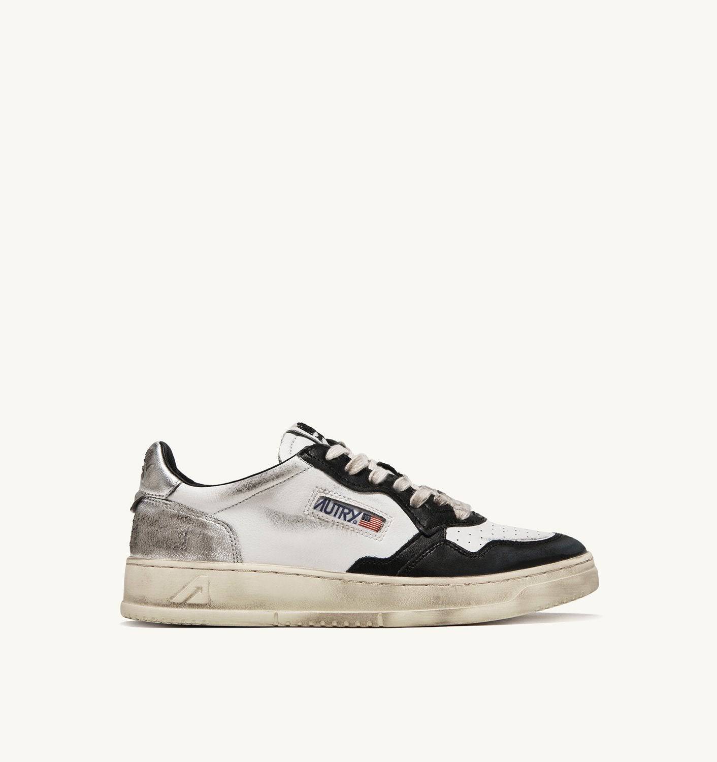 SNEAKERS MEDALIST LOW SUPER VINTAGE IN PELLE BIANCA NERA E ARGENTO