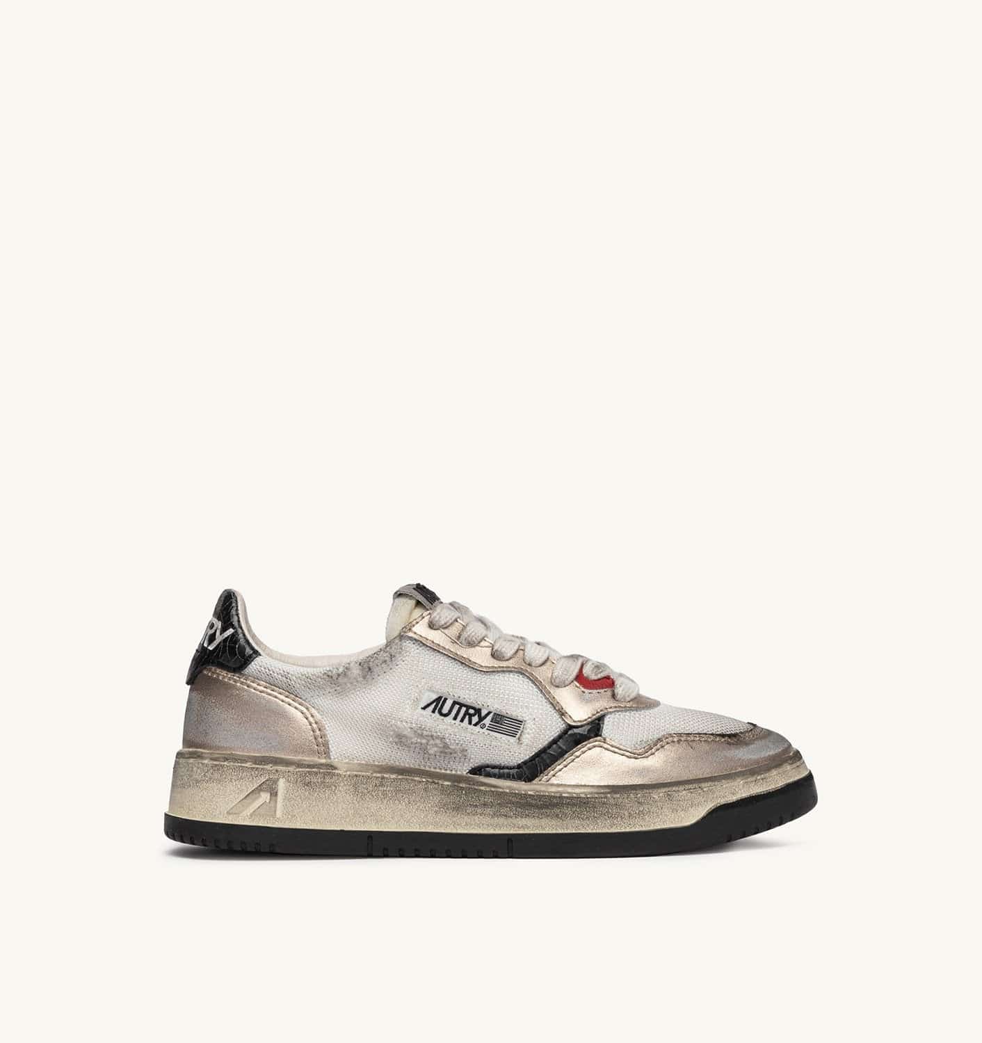 SNEAKERS SUPER VINTAGE LOW IN MESH BIANCA, SUEDE ORO E PELLE NERA