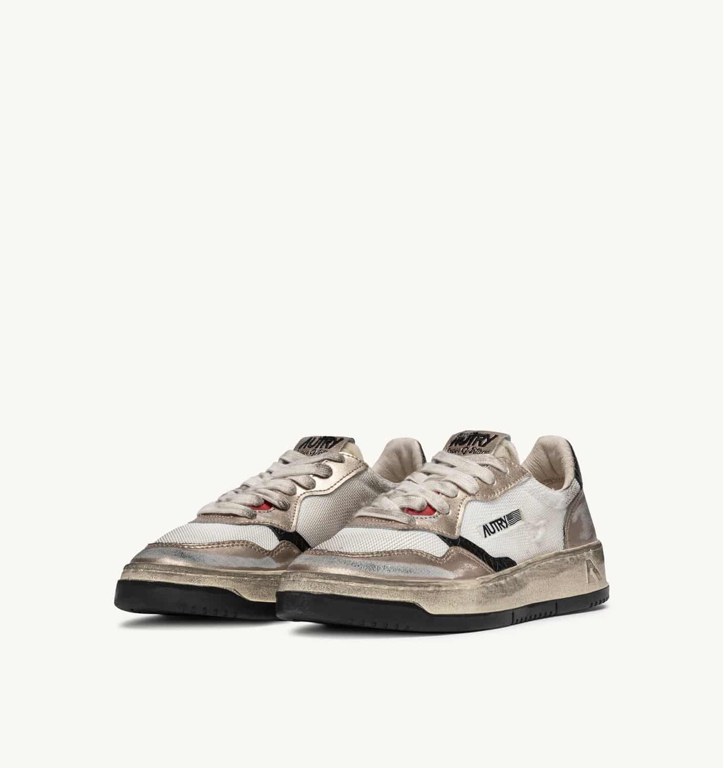 SNEAKERS SUPER VINTAGE LOW IN MESH BIANCA, SUEDE ORO E PELLE NERA