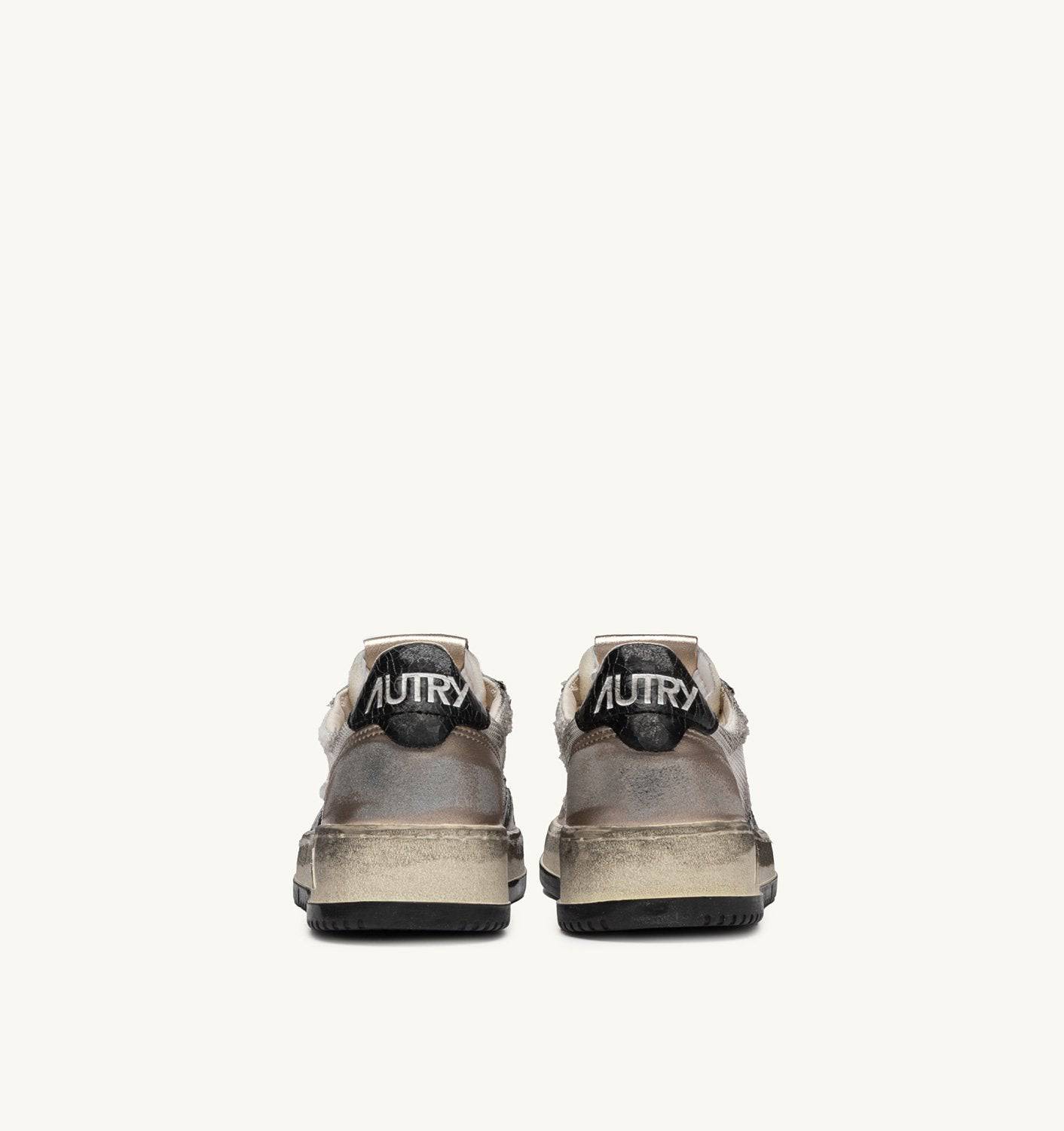 SNEAKERS SUPER VINTAGE LOW IN MESH BIANCA, SUEDE ORO E PELLE NERA