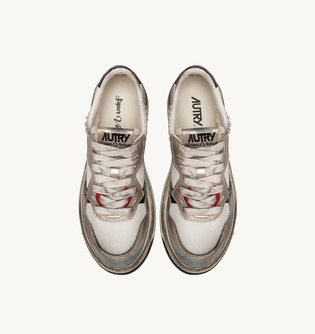 SNEAKERS SUPER VINTAGE LOW IN MESH BIANCA, SUEDE ORO E PELLE NERA