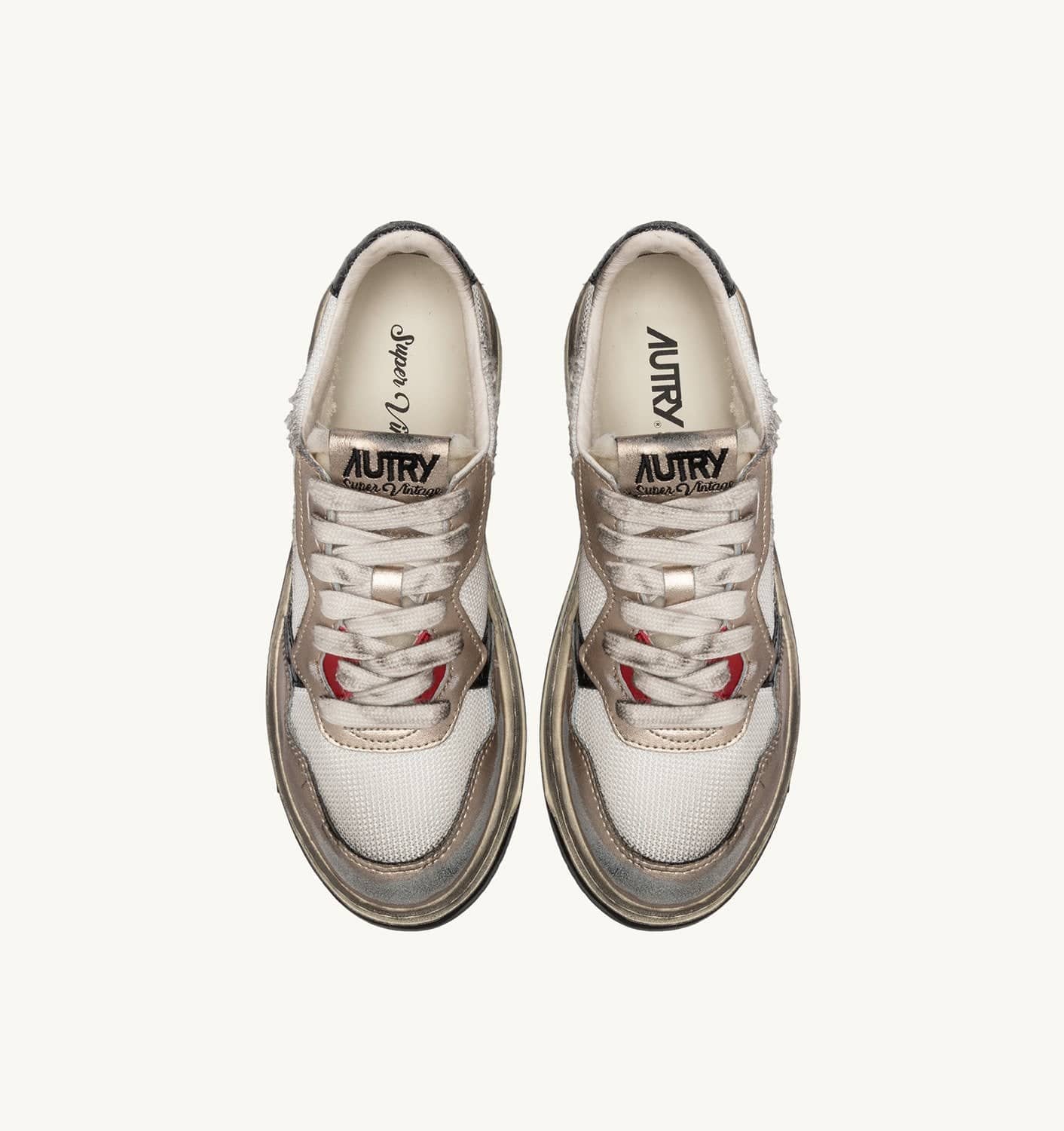 SNEAKERS SUPER VINTAGE LOW IN MESH BIANCA, SUEDE ORO E PELLE NERA